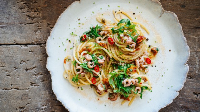 Rucola-Pasta mit Nordseekrabben