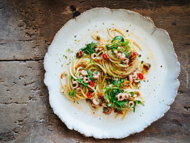 Rucola-Pasta mit Nordseekrabben