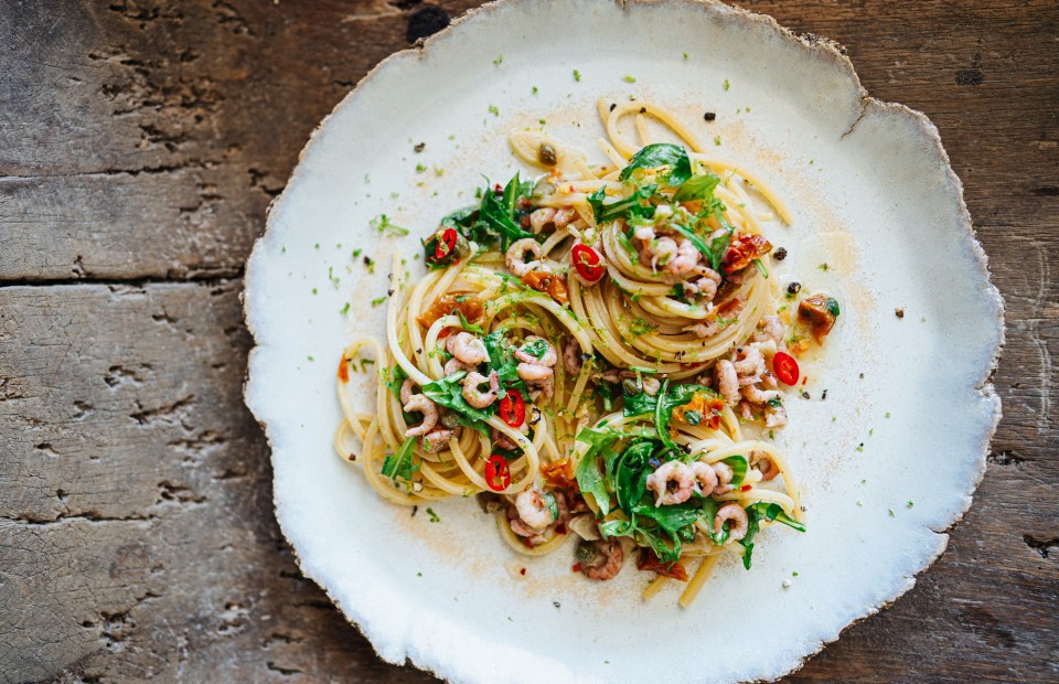 Rucola-Pasta mit Nordseekrabben