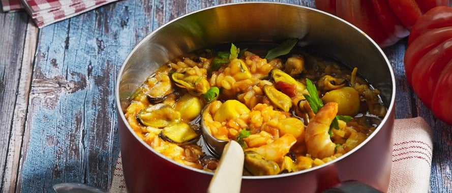 Meeresfrüchte-Risotto mit Ochsenherztomaten