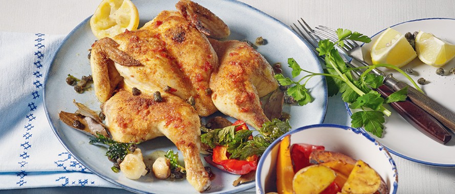 Flaches Bio-Huhn mit Ofengemüse