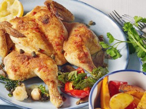Flaches Bio-Huhn mit Ofengemüse