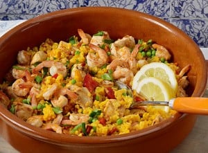 Paella mit Huhn und Riesengarnelen