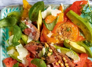 Tomaten-Avocado-Salat mit gebratenem Rinderfilet