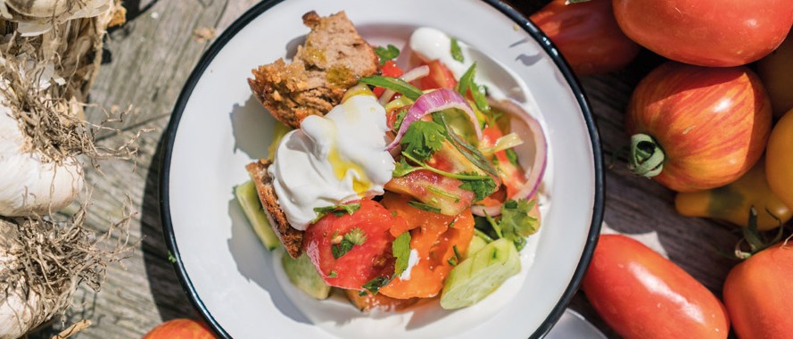 Brotsalat mit knoblauch-croutons