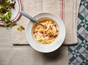 Spaghetti Carbonara mit Bergkäse und Speck