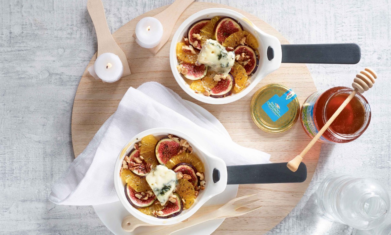 Orangen und Feigen mit Blauschimmelkäse und Honig