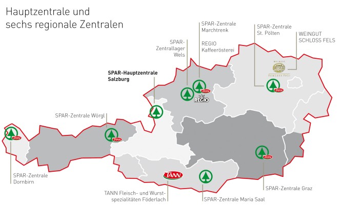 Österreich Landkarte SPAR Hautpzentrale und Zweigniederlassungen
