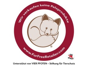 Fur Free Retailer Logo. Unterstützt von VIER PFOTEN - Stiftung für Tierschutz