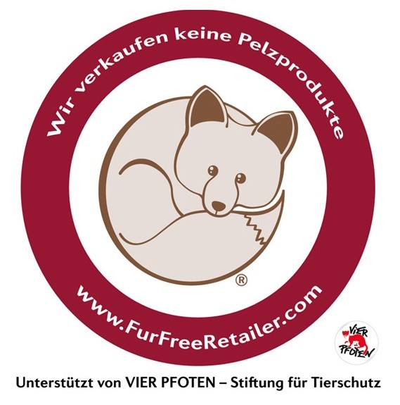 Fur Free Retailer Logo. Unterstützt von VIER PFOTEN - Stiftung für Tierschutz