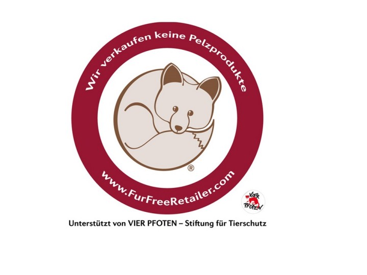 Fur Free Retailer Logo. Unterstützt von VIER PFOTEN - Stiftung für Tierschutz