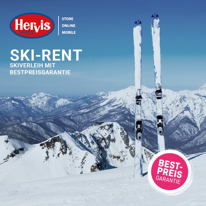 Zwei Skier von Hervis vor einer Berglanschaft