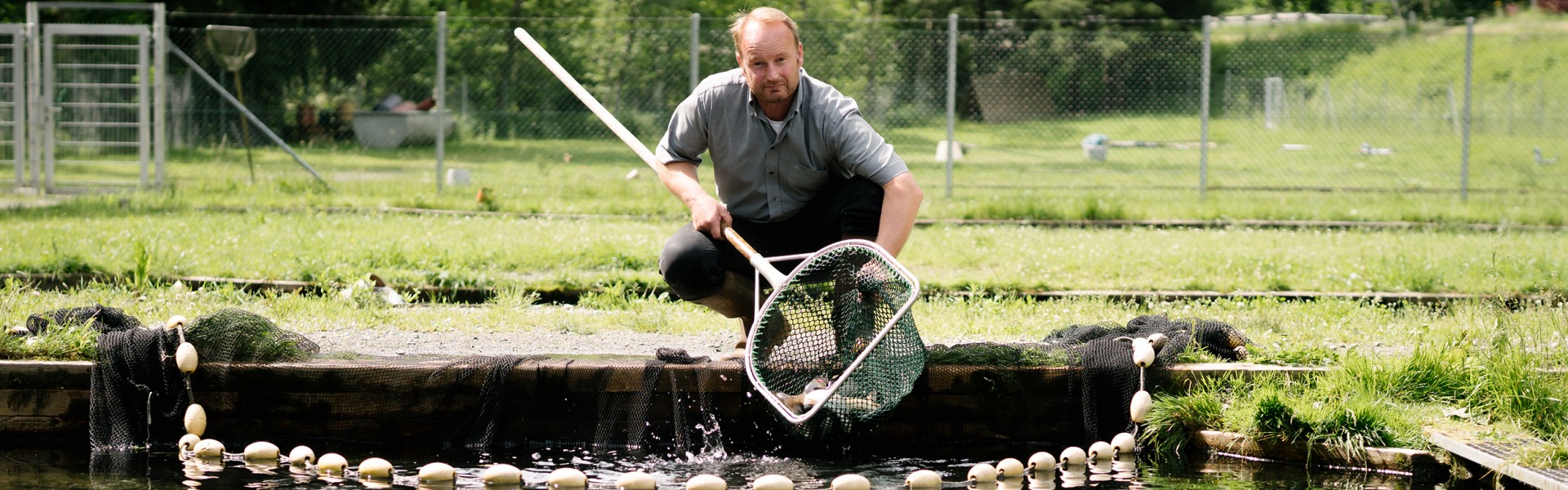 Markus Payr mit Netz am Fischteich