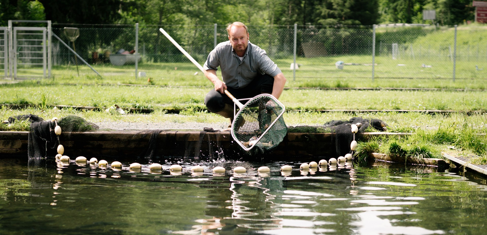 Frischfisch Markus Payr Markus Payr mit Netz am Fischteich