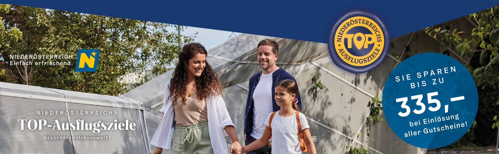 Ausflugsziele Header Glückliche Familie im Hintergrund. Top Ausflugsziele in Niederösterreich. Sie sparen bis zu dreihundertfünfunddreißig Euro bei Einlösung der aller Gutscheine.