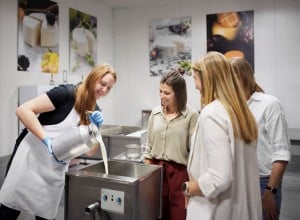 Innenaufnahme der Schaukäserei in der Käsemacherwelt. Drei weibliche Personen schauen einer vierten Person bei der Herstellung von Käse zu.