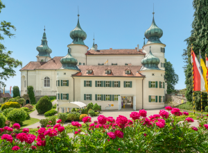 Außenaufnahme Schloss Artstetten. Im Vordergrund rosa Pfingstrosen