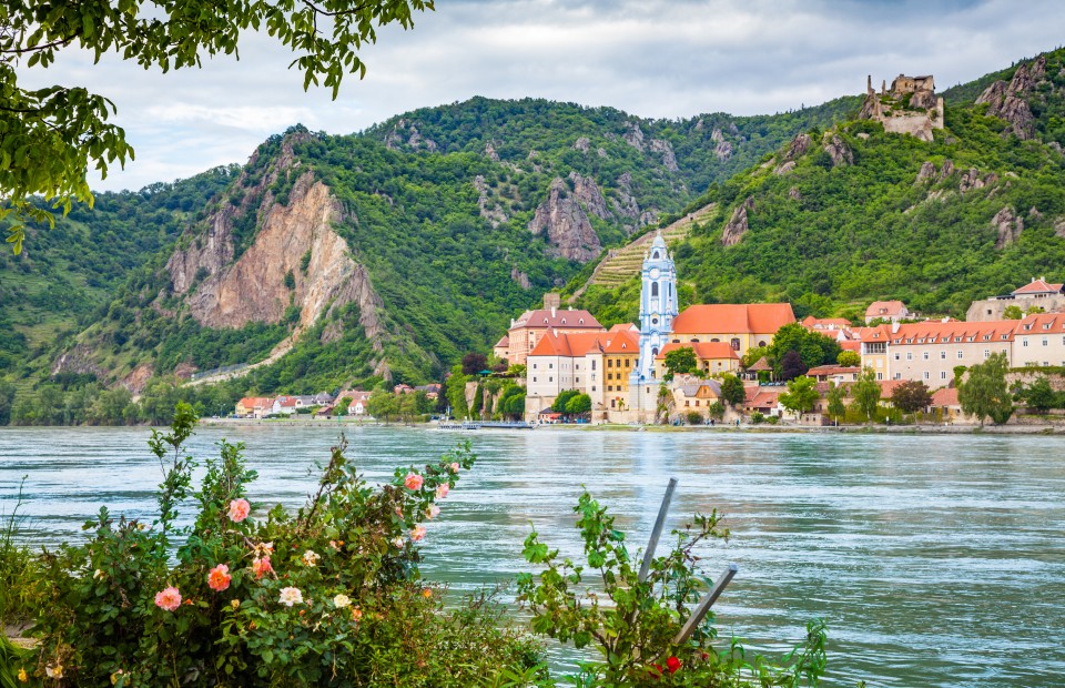 Beautiful landscape with the town of Durnstein and Danube river in the Wachau valley, Lower Austria