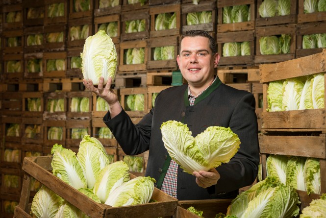 SPAR-Lieferant-Stefan-Pfeiffer Herr Pfeiffer hält Chinkohl in seiner Hand