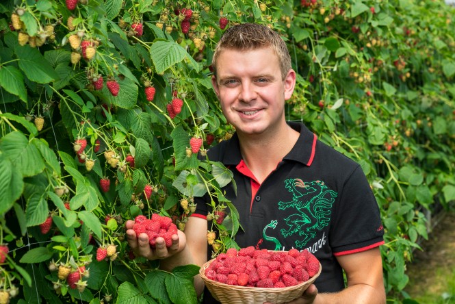 Klaus Rosenberger hält eine Schüssel voller Himbeeren