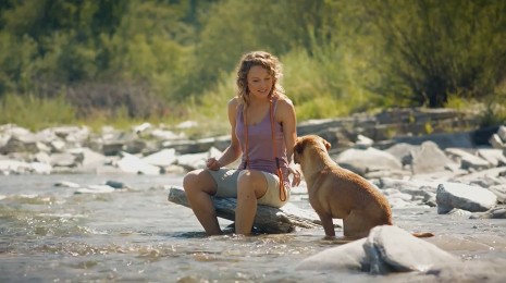 Frau spielt mit Hund im Fluss
