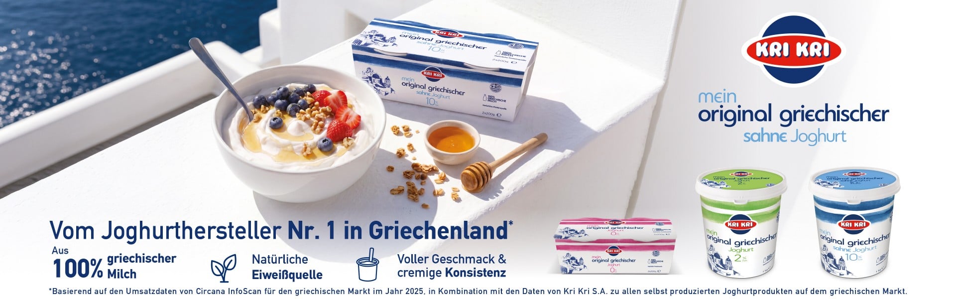 kri kri joghurt mit Müsli und honig auf einem weißen griechischen Gebäude
