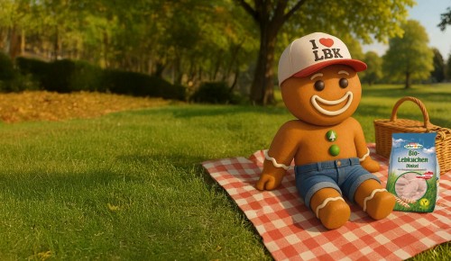 Leo Lebkuchen sitzt gemütlich auf einer rotkarrierten Decke und mache ein Picknick