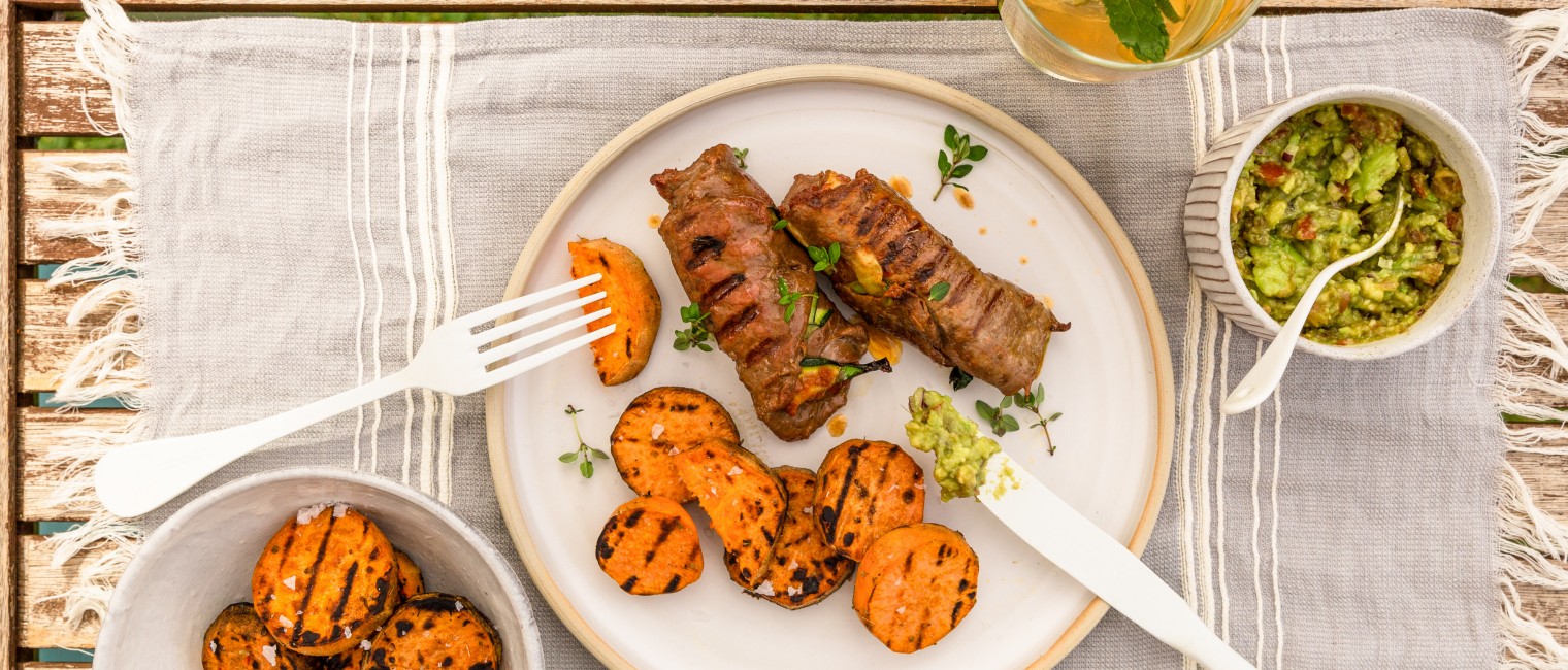 SPAR Mahlzeit Rindfleisch-Röllchen mit Süßkartoffelscheiben und Guacamole