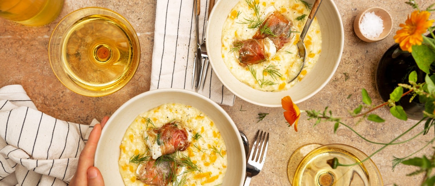 Norditalienisches Kürbisrisotto mit Kabeljau-Saltimbocca