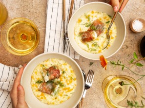SPAR Mahlzeit Norditalienisches Kürbisrisotto mit Kabeljau-Saltimbocca