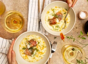 Norditalienisches Kürbisrisotto mit Kabeljau-Saltimbocca