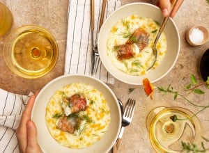 SPAR Mahlzeit Norditalienisches Kürbisrisotto mit Kabeljau-Saltimbocca