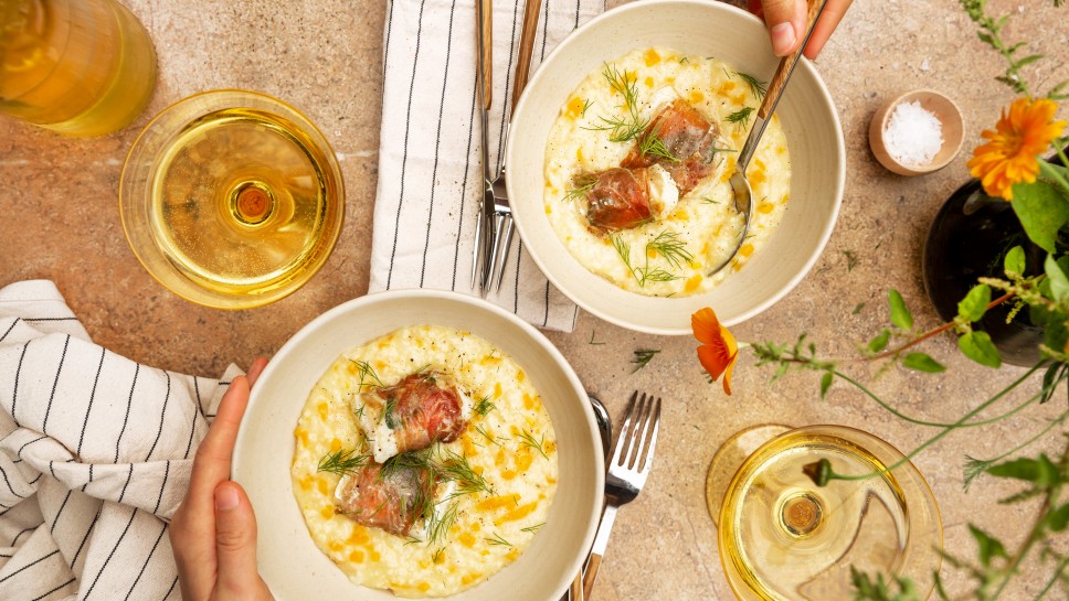 Norditalienisches Kürbisrisotto mit Kabeljau-Saltimbocca