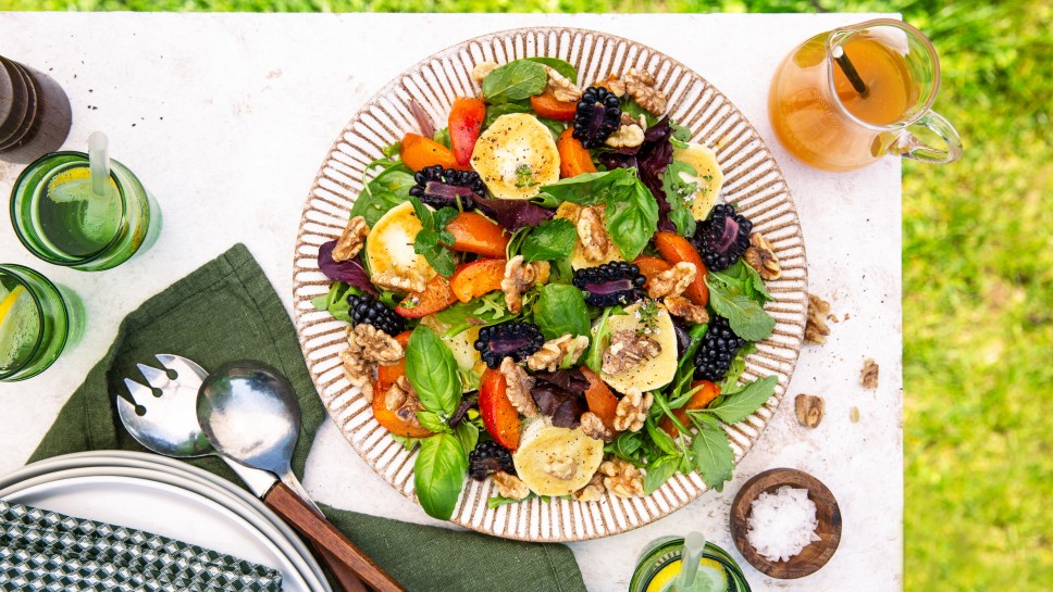 SPAR Mahlzeit Bunter Sommersalat mit gebratenem Ziegenkäse, Marillen und Brombeeren