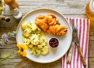 Schnitzel mit Erdäpfelsalat und Preiselbeeren