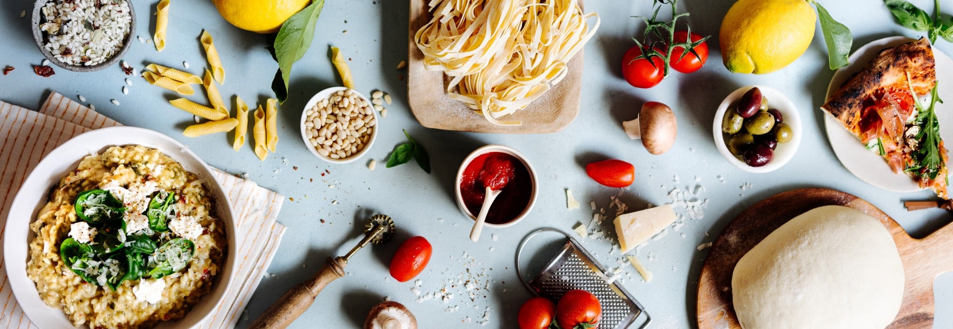  Header Grundrezepte Pizza, Pasta, Risotto