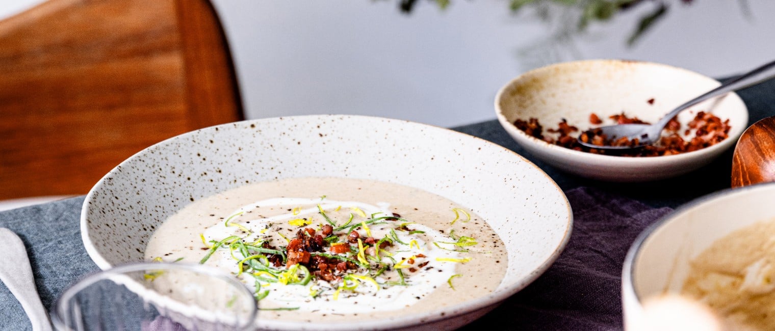 Schnelle Maroni-Lauch-Cremesuppe  mit Speckwürfel