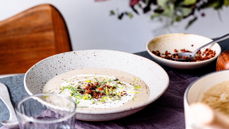 Schnelle Maroni-Lauch-Cremesuppe  mit Speckwürfel