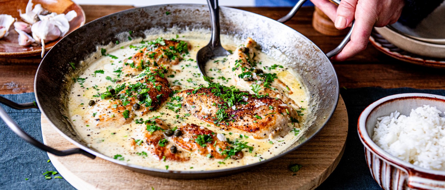 Cremiges Knoblauch Hühnchen mit Reis