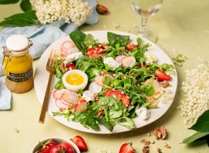 Blattsalat mit Erdbeeren, Radieschen, Ziegenkäse und Holunder-Vinaigrette