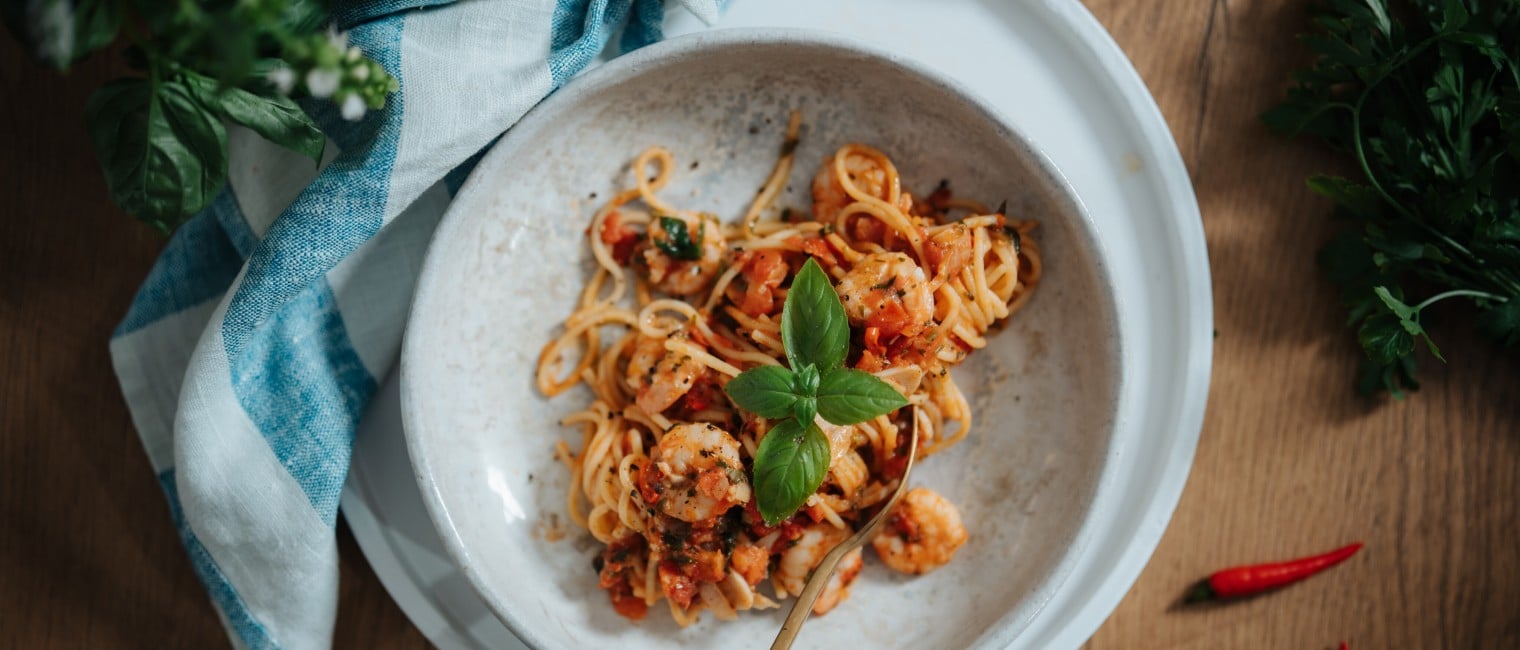 Angerichtete Garnelen Pasta