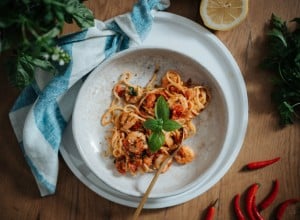 Angerichtete Garnelen Pasta