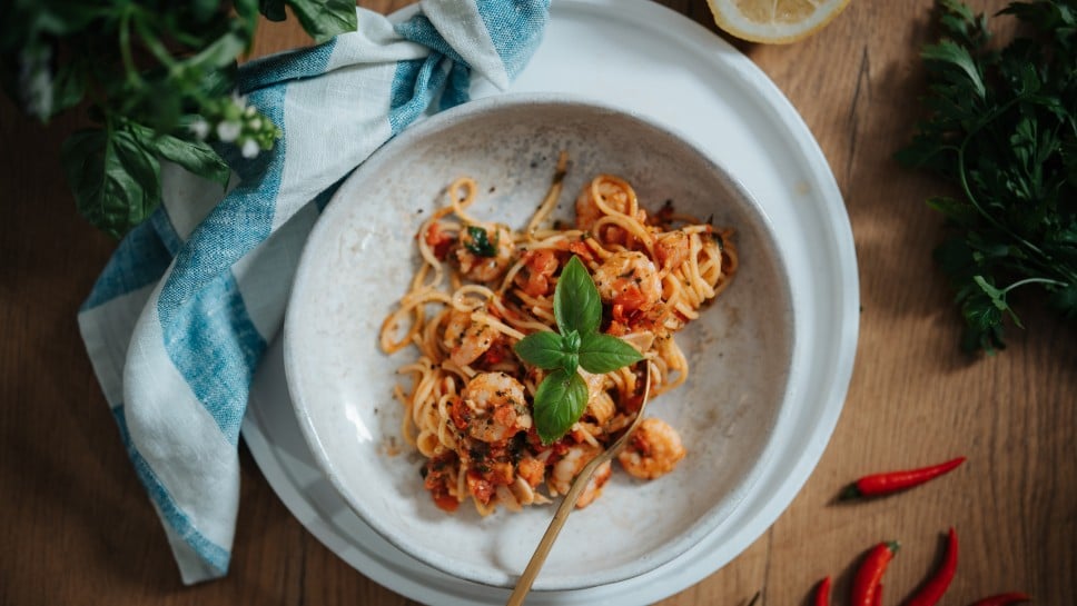 Angerichtete Garnelen Pasta