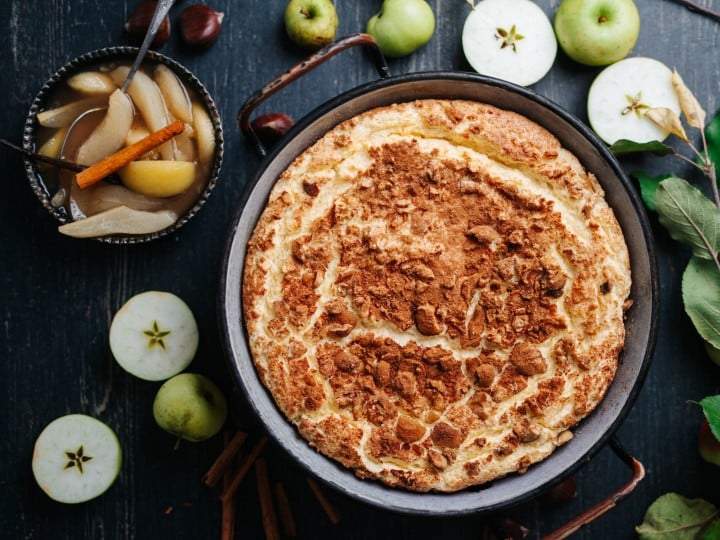 Flaumiger Maroni-Griessauflauf mit Apfel-Birnen-Kompott