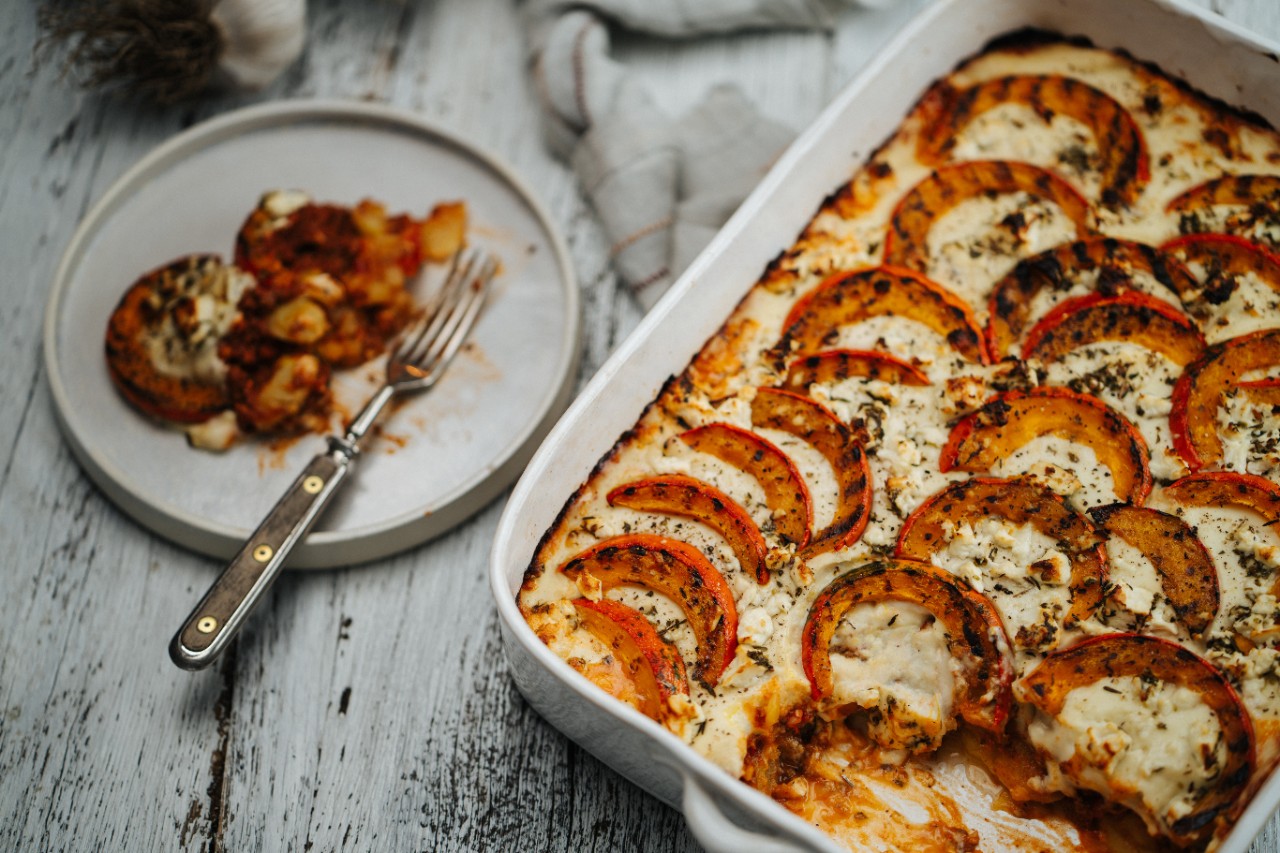 Moussaka mit Rindfleisch und Kürbis-Gemüse