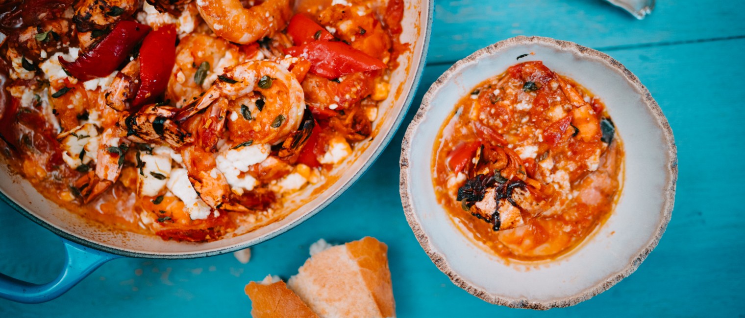 SPAR Mahlzeit Garnelen Saganaki mit Kirschtomaten, Spitzpaprika und Feta
