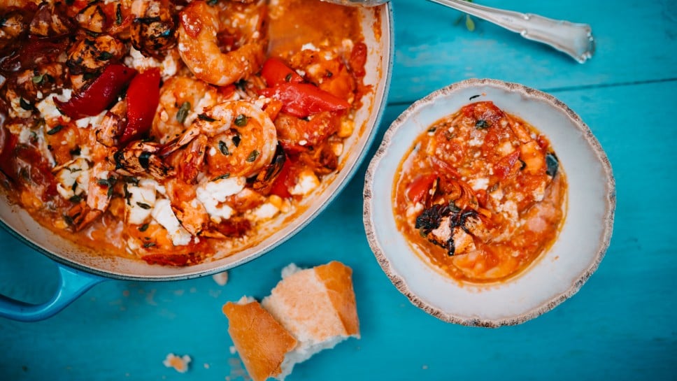 Garnelen Saganaki mit Kirschtomaten, Spitzpaprika und