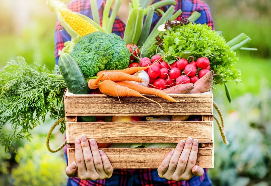 eine Frau, die eine Holzkiste in beiden Händen hält, die gefüllt ist mit frischem Obst und Gemüse