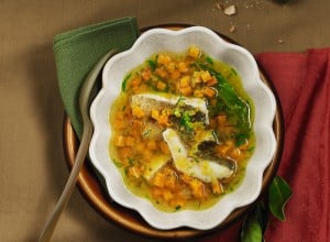 SPAR Mahlzeit klare Süßkartoffelsuppe mit Orange und gebratenem Zander