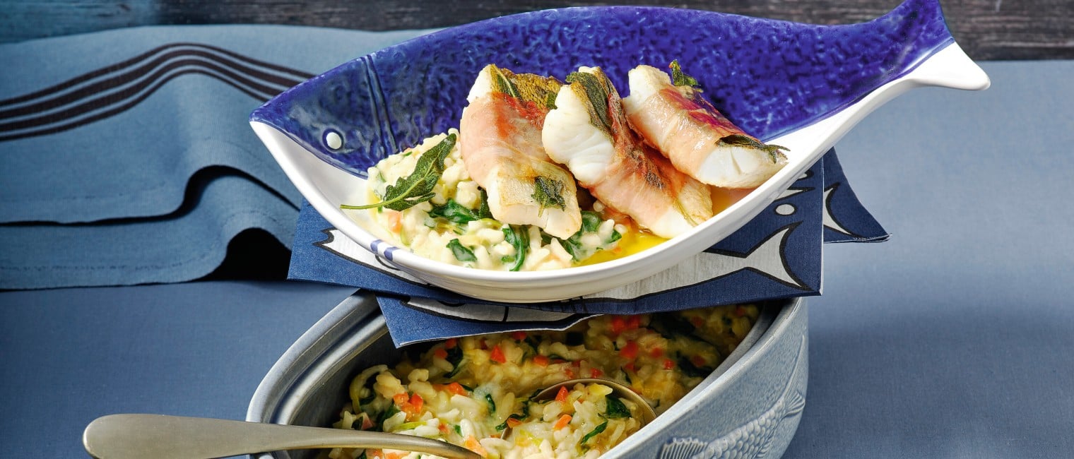 Saltimbocca vom Zander mit Frühlingsrisotto